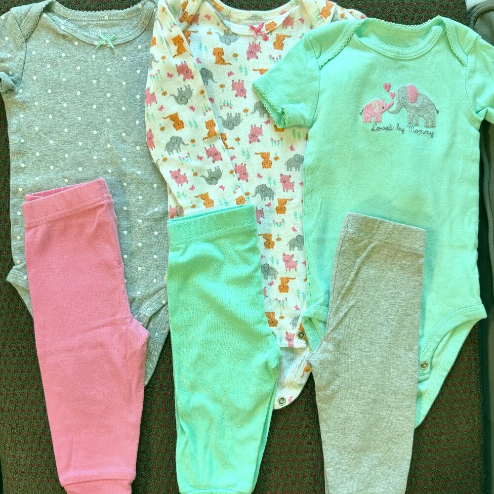 Simple Joys Carter's 6-9M 6pc Lot 3 Outfits Elephant Animal Print Mint Pink